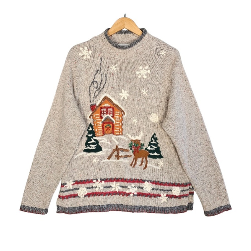 Victoria Jones Womens L Winter Cabin Sweater Applique Needlepoint Cottagecore